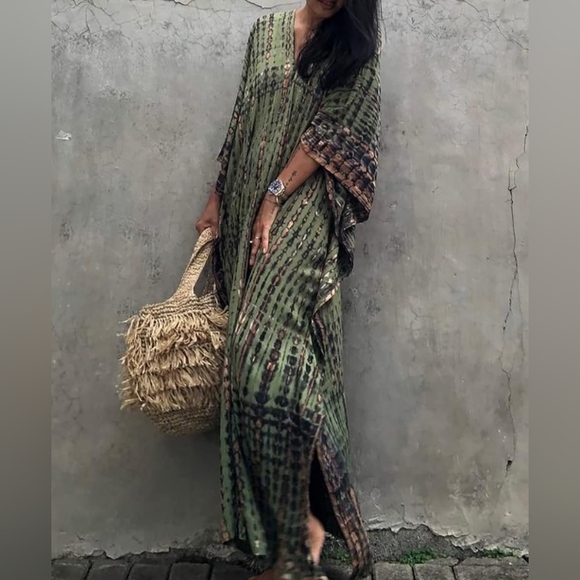 Olive Green Tie Dye Hippie Boho Kaftan Long Flowy 70s Maxi Dress Bohemian Caftan - Picture 6 of 9